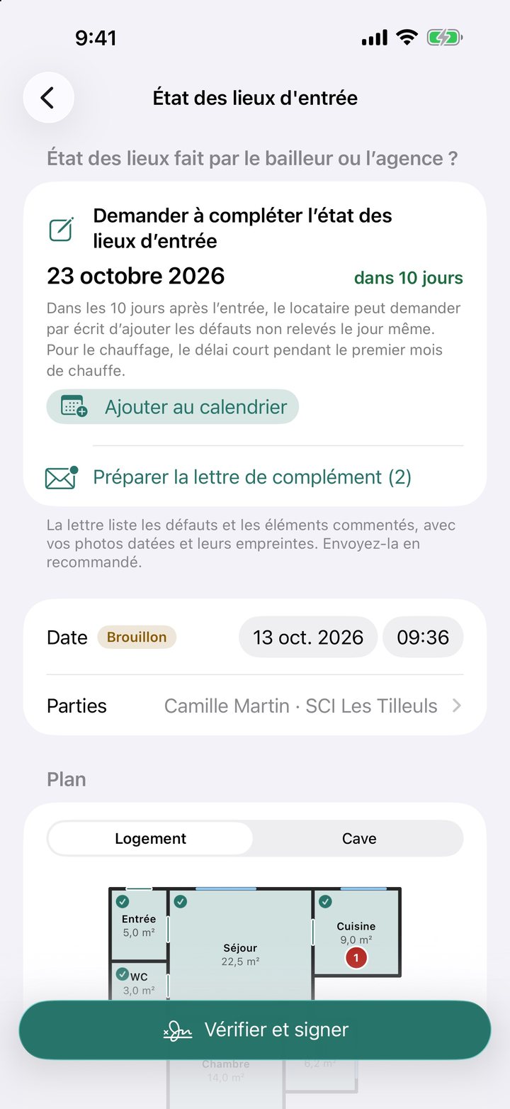 Écran d'un état des lieux d'entrée : date limite pour demander à compléter, bouton Ajouter au calendrier et lettre de complément