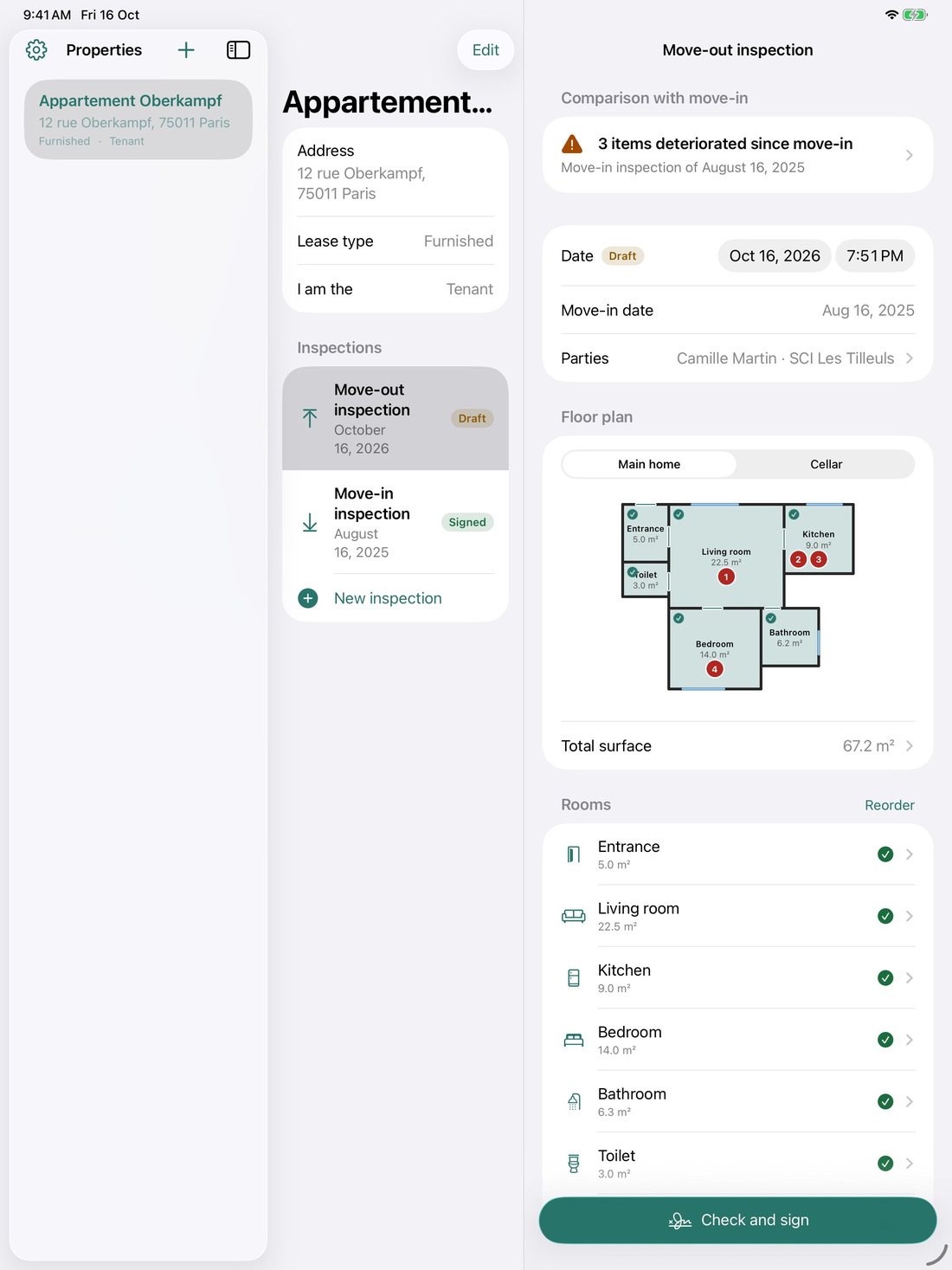 iPad: list of properties, a move-out inspection with 3 items deteriorated since move-in, and the floor plan with room areas and numbered defects