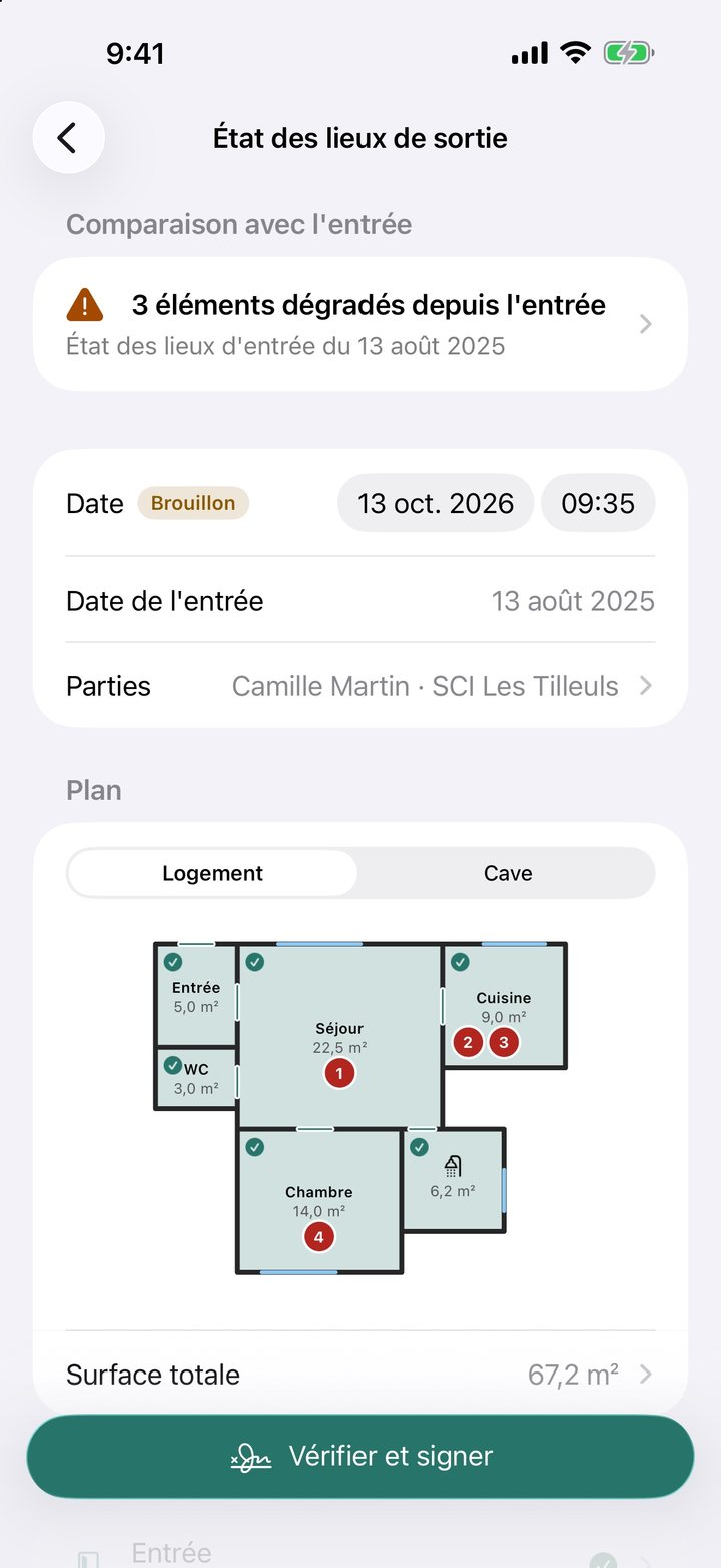 Écran d'un état des lieux de sortie : 3 éléments dégradés depuis l'entrée, plan du logement avec les pièces, leurs surfaces et les défauts numérotés