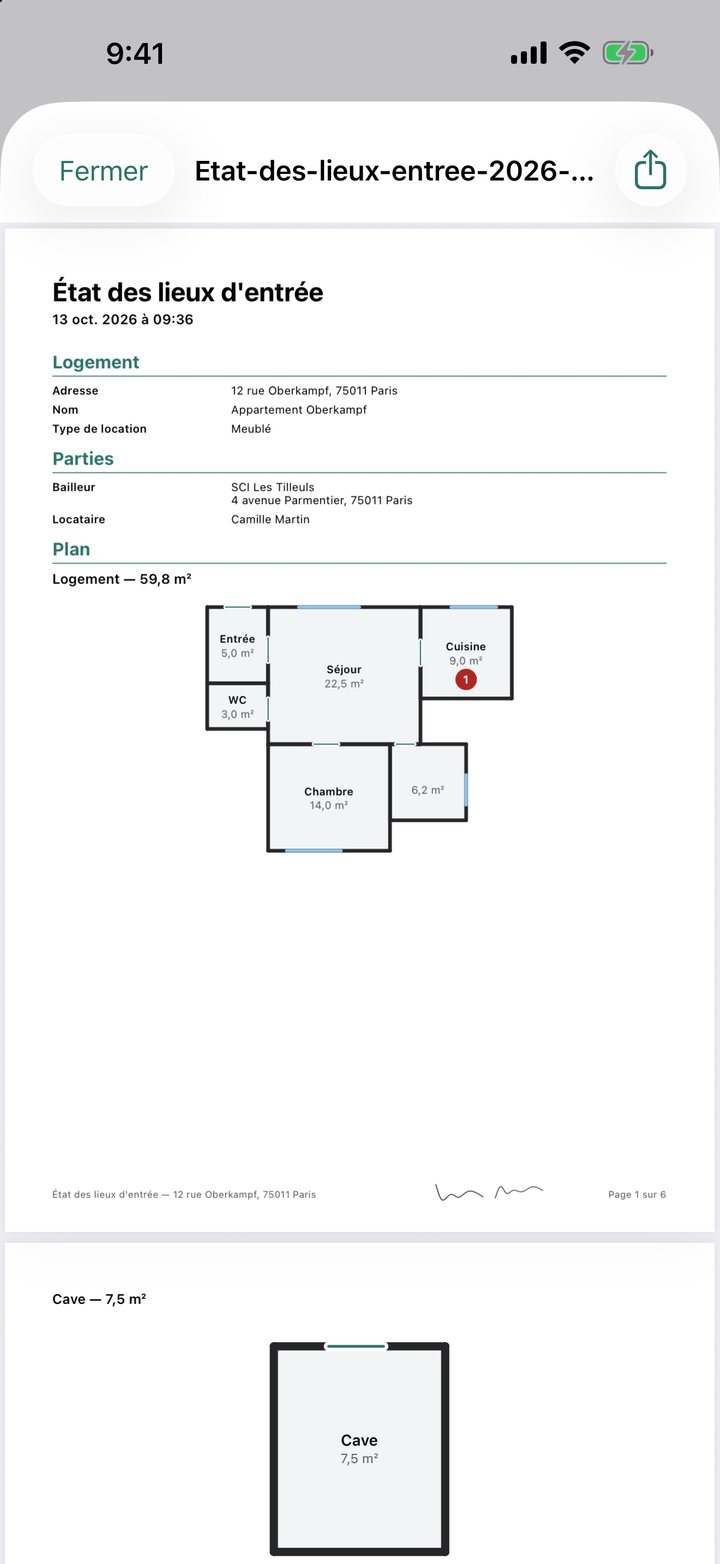 Première page du PDF d'un état des lieux d'entrée : logement, parties et plan