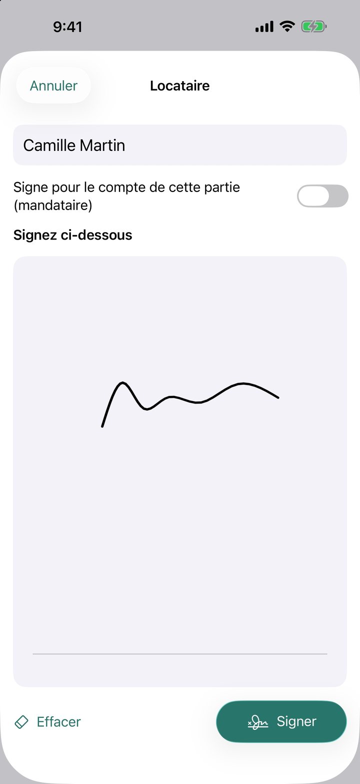 Écran de signature du locataire, signature tracée au doigt